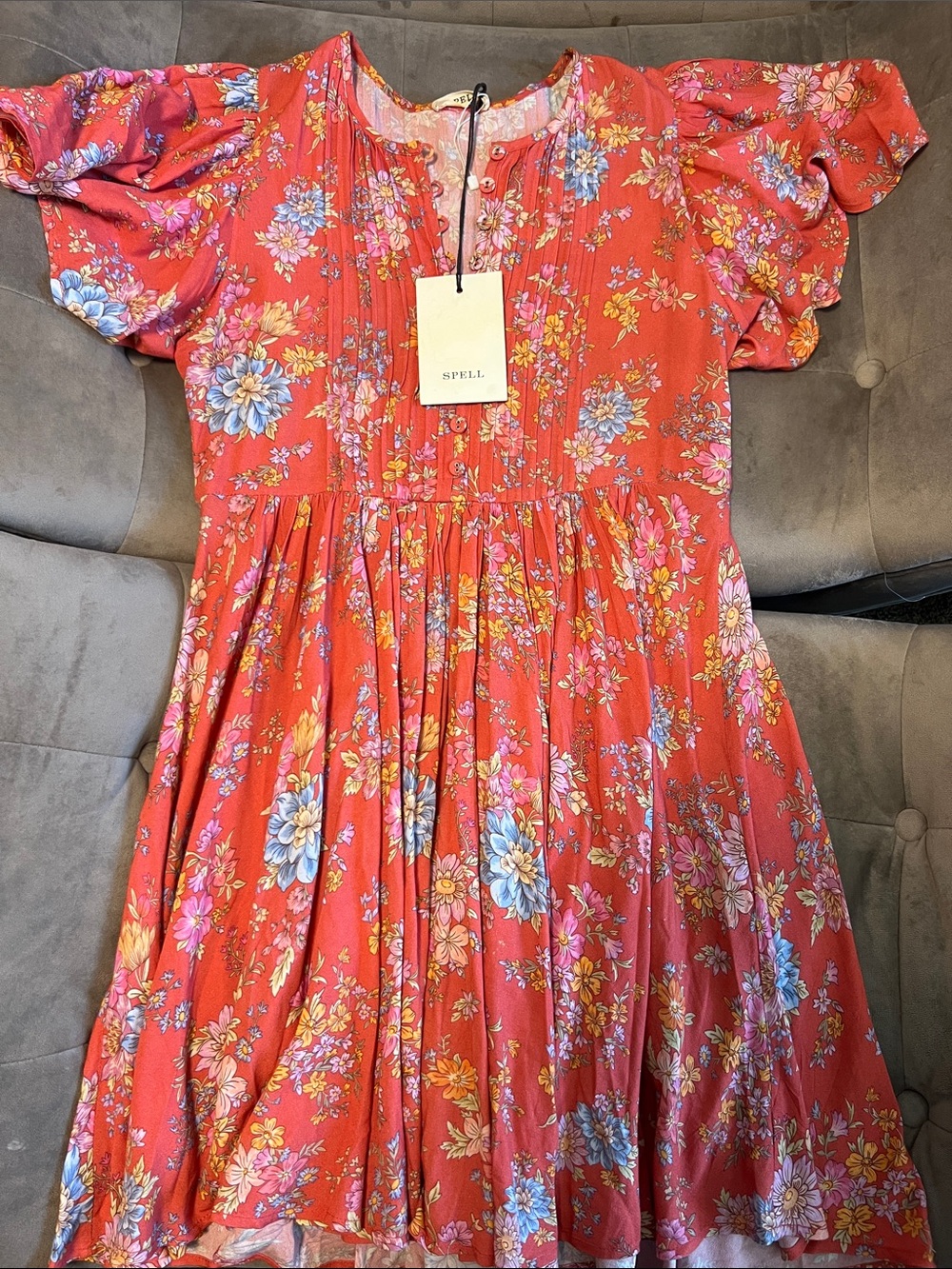 Spell Coral-Meadowland Flutter-Sleeve Mini Dress-Poppy